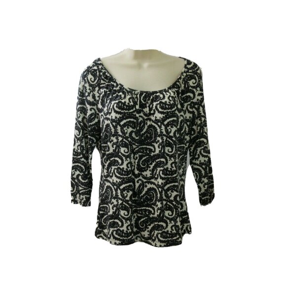 TALBOTS Top Size Medium Black White Paisley Pullover Scoop Neck ¾ Sleeve Stretch - Picture 1 of 6